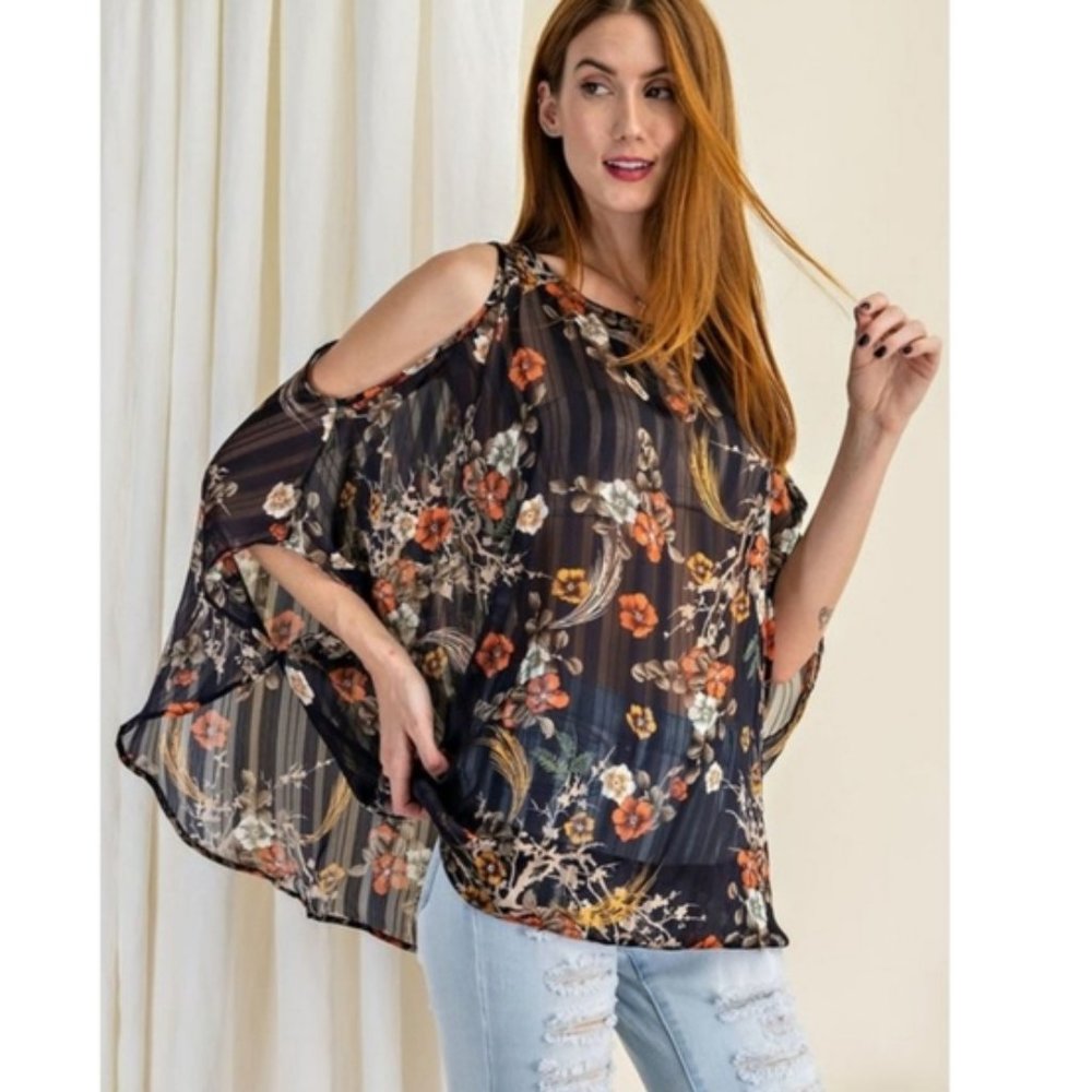 Small "Boho Baby" Navy Sheer Cold Shoulder Blouse NWT